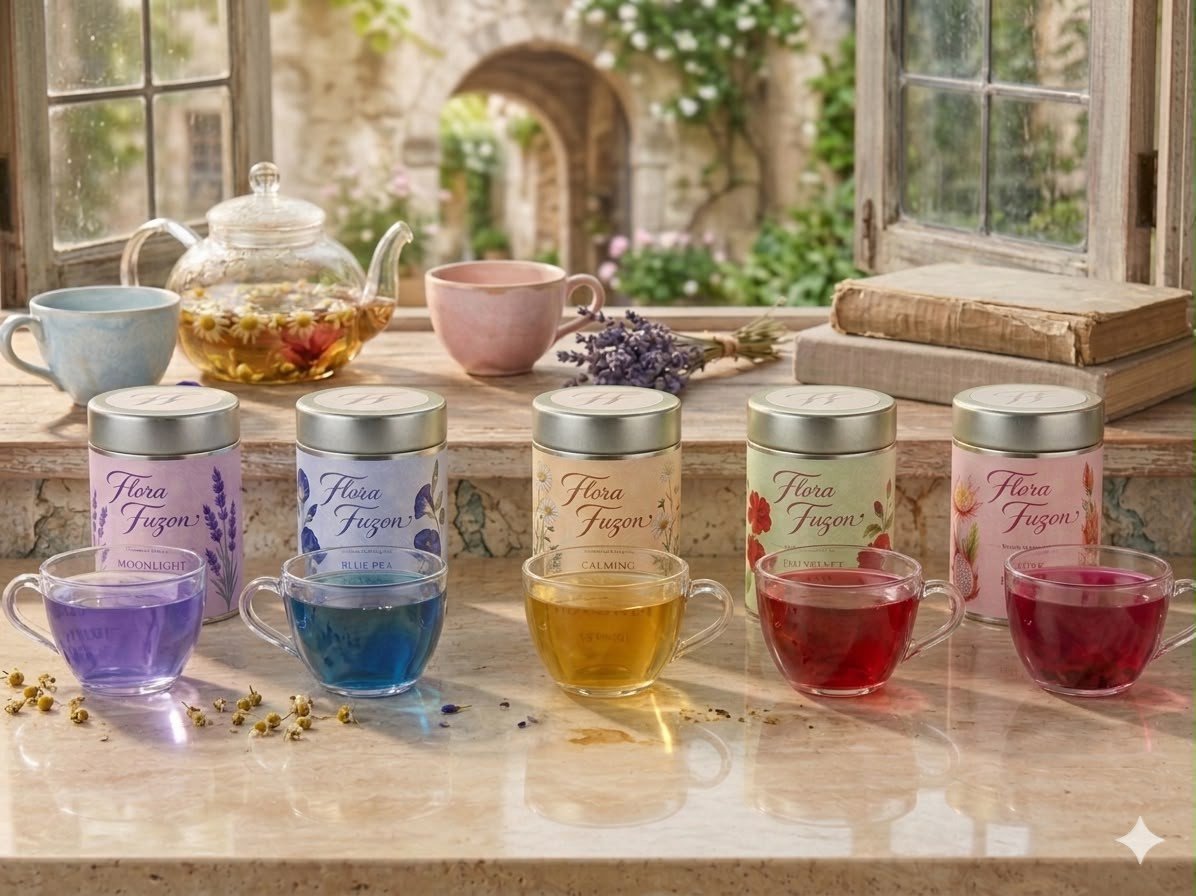 Flora Fuzon herbal infusion tins with brewed cups on a sunlit windowsill