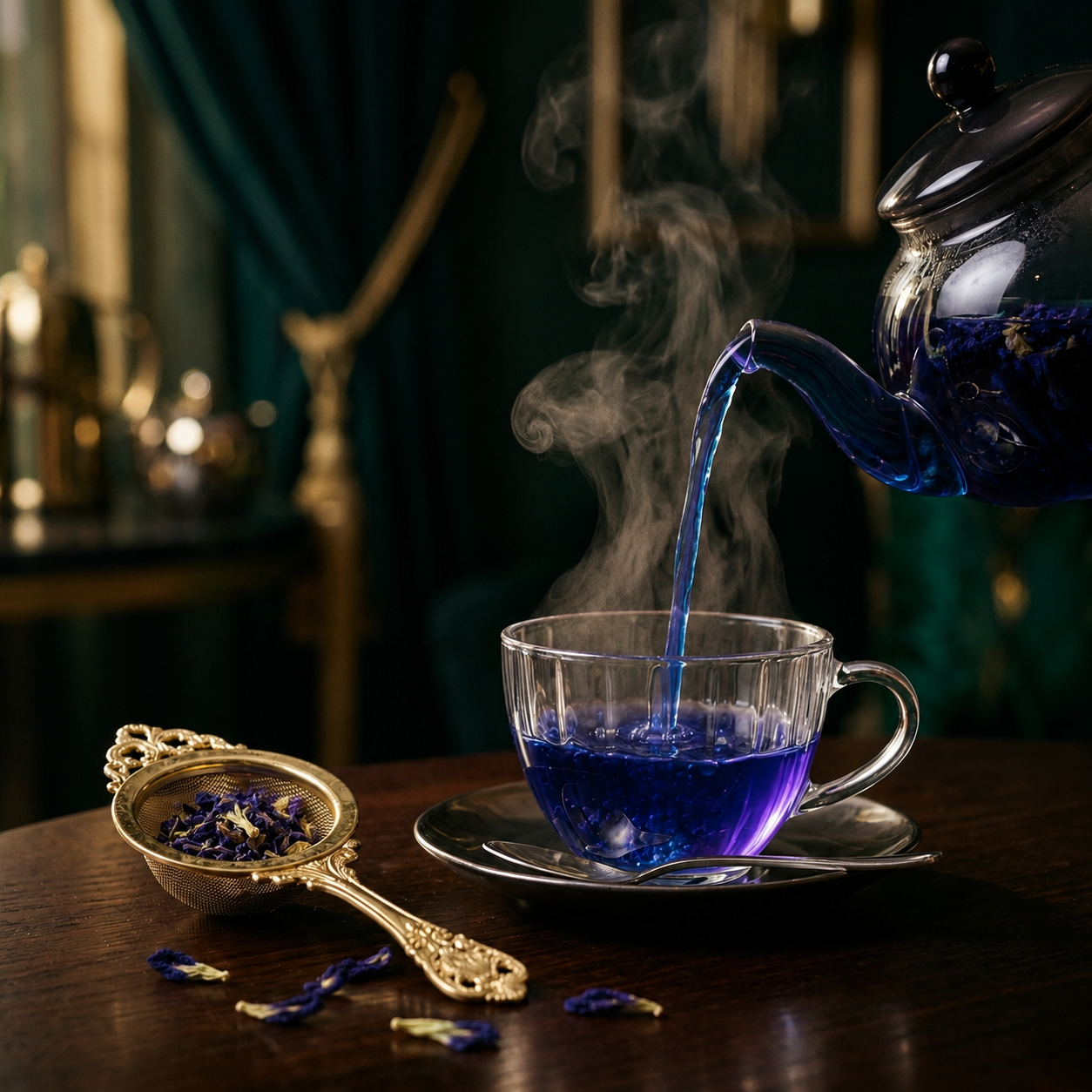 Pouring hot steaming herbal infusion ritual